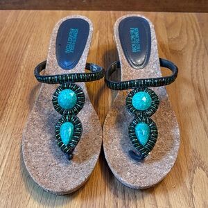 Kenneth Cole Reaction Turquoise Beaded Wedge Sandals Boho Beach Cruise Size 7M